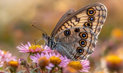 Fototapeta premium Butterfly feeding on flowers in meadow
