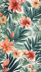 A vibrant floral pattern featuring a variety of colorful flowers and lush green leaves. The design includes shades of red, pink, yellow, and green, creating a lively and tropical feel.