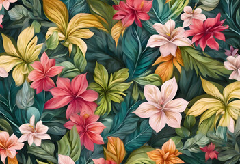 A vibrant floral pattern featuring a variety of colorful flowers and lush green leaves. The design includes shades of red, pink, yellow, and green, creating a lively and tropical feel.