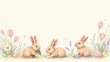 Fototapeta premium Adorable bunnies surrounded by spring flowers on pastel backgrounds. Soft, whimsical designs perfect for nursery art, spring stationery, or charming Easter-themed décor.