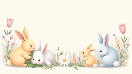 Fototapeta premium Adorable bunnies surrounded by spring flowers on pastel backgrounds. Soft, whimsical designs perfect for nursery art, spring stationery, or charming Easter-themed décor.