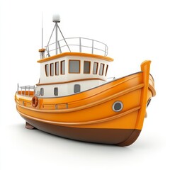 Cute 3D Cartoon Style Boat on White Background, Side View, 3D Rendered, Isolated Illustration.