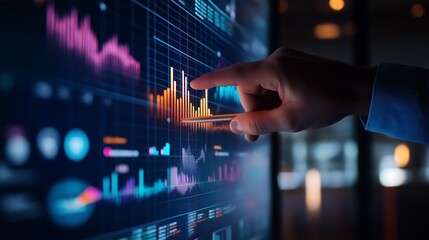 Data Analysis, Hand Interacting with Vibrant Financial Charts