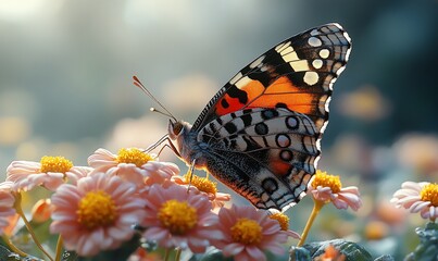 Obraz premium Butterfly on flowers at dawn, garden background, nature scene, print