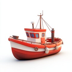 Cute 3D Cartoon Style Boat on White Background, Side View, 3D Rendered, Isolated Illustration.