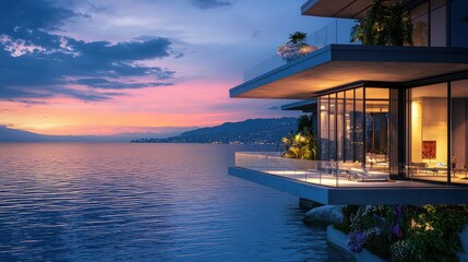 Obraz premium Modern architectural design of house overlooking tranquil sunset waters