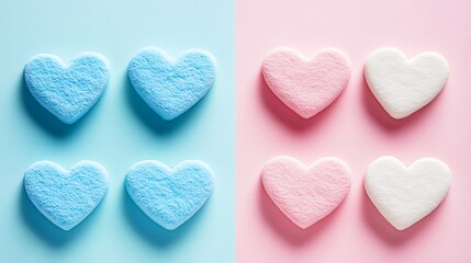 Six heart shaped marshmallows in blue pink and white