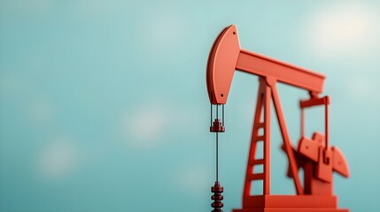 Red Oil Pump Jack on Blue Background with Soft Cloudy Atmosphere