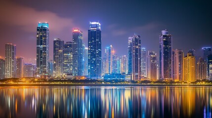 Obraz premium Night Cityscape, Vibrant Towers and Serene Reflections