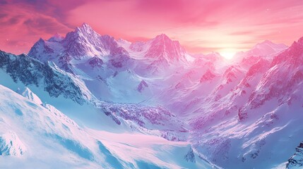 Stunning winter landscape with vibrant pink sunset over snow-covered mountains.