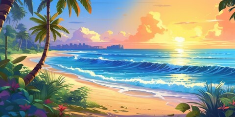 Serene Sunset at Tropical Beach Paradise: Vibrant Ocean Waves Crashing on Golden Sands