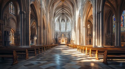 Fototapeta premium Sunlit cathedral interior, peaceful.