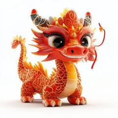Cute 3D Cartoon Style Chinese Dragon on White Background, Side View, 3D Rendered, Isolated Illustration.