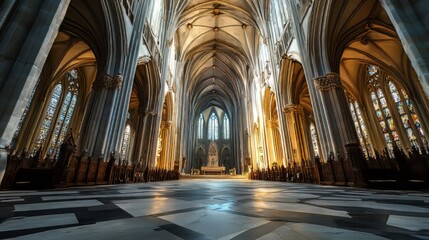 Fototapeta premium Grand cathedral interior, sunlight streams in.