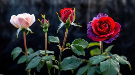 Obraz premium Rose Growth Stages Bud to Bloom Red Pink Roses Closeup