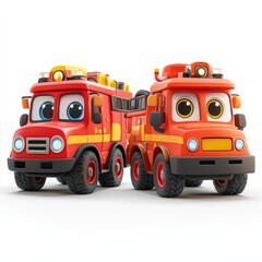 Cute 3D Cartoon Style Fire Truck on White Background, Side View, 3D Rendered, Isolated Illustration.
