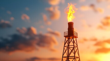 Industrial Gas Flare at Sunset with Vibrant Clouds in the Background