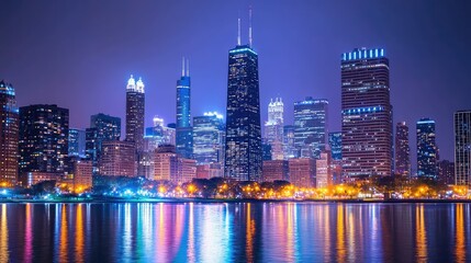 Fototapeta premium Stunning City Skyline At Night With Reflective Water Surface