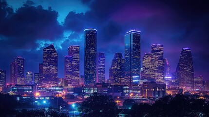 Obraz premium Vibrant Night Skyline of Houston with Colorful City Lights View