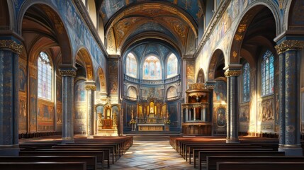 Fototapeta premium Ornate church interior, sunlight streams in