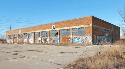 Abandoned Industrial Building with Graffiti and Broken Windows