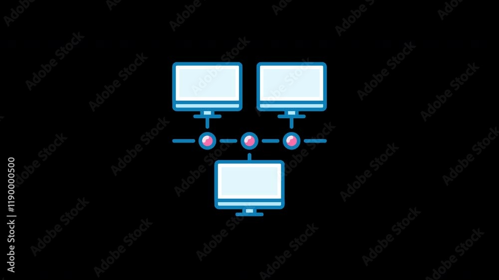 Poster illustration of a network system with three computer monitors connected via nodes in a flat style.