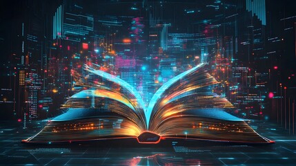 Fototapeta premium A dynamic, futuristic book surrounded by glowing data streams and vibrant colors.