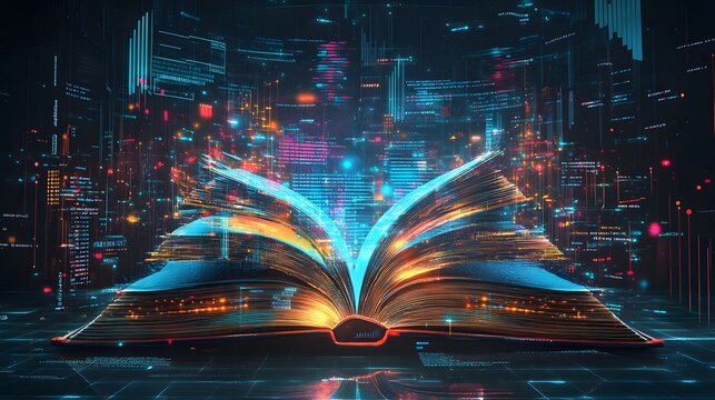 A dynamic, futuristic book surrounded by glowing data streams and vibrant colors.