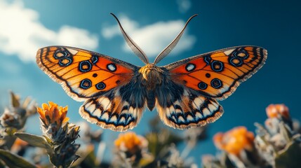 Obraz premium Butterfly wings open, sunny day, flowers, nature