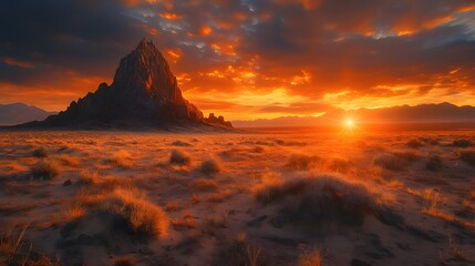 Fototapeta premium Majestic landscape at sunset with rocky outcrop and dramatic clouds.