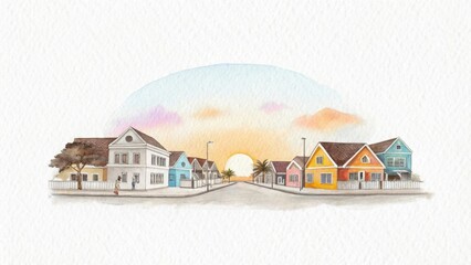 A picturesque street lined with colorful houses under a soft sunrise, creating a warm and inviting atmosphere.
