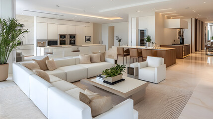 Fototapeta premium A luxurious open-plan living room and white kitchen interior design.