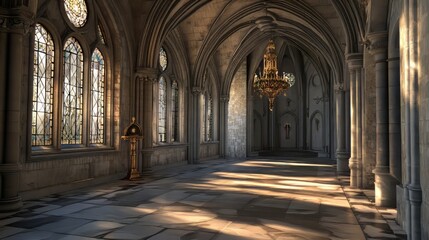 Fototapeta premium Grand hall with arched ceilings and stained glass