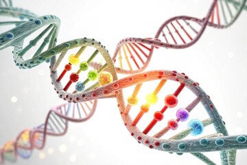 A colorful, 3D rendering of a DNA double helix, showcasing the intricate structure and vibrant nucleotides.