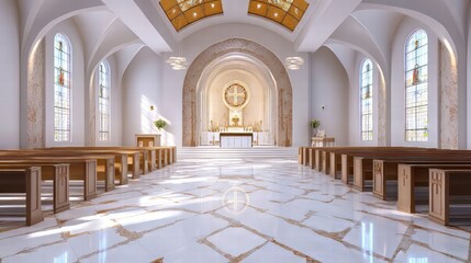 Fototapeta premium Serene church interior, sunlight streams in