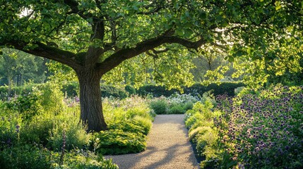 Fototapeta premium Serene Pathway Through Lush Garden with Tree and Floral Blooms