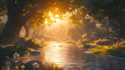 A serene river flows through a sunlit forest at dawn, surrounded by vibrant wildflowers.