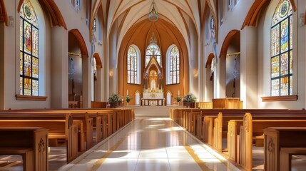 Fototapeta premium Tranquil church interior, sunlight streams in.