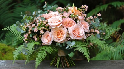 Elegant Peach Rose Bridal Bouquet With Ferns