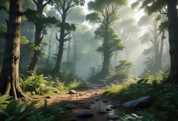 Dense forest ecosystem with various plants and animals, forest ecosystem, wildlife