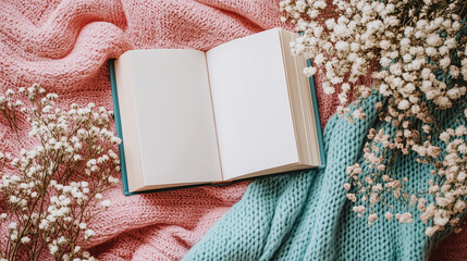 Flatlay showcasing books by female authors, with one book open to a blank page for a quote or message