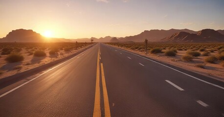 Fototapeta premium Desert highway stretching into the distance at golden hour, sandy terrain, rugged mountains