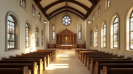Fototapeta premium Tranquil church interior, sunlit pews