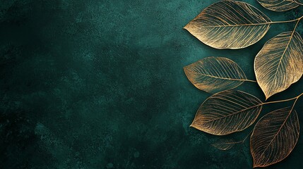 A close-up of elegant golden leaves against a deep teal background, creating a sophisticated and calming aesthetic.