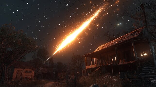 Night sky, fiery meteor over rural village - Powered by Adobe