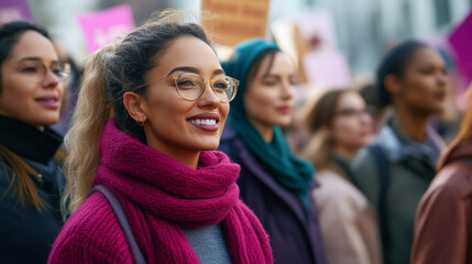 Women of various ages and ethnicities marching together