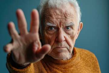 Senior man making stop sign with hand, expressing refusal or disagreement