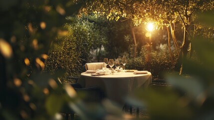 Romantic Dining Area Surrounded by Blurred Greenery in Garden