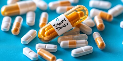Golden Capsule with "Targeted Therapy" Label Surrounded by White Capsules, Representing Precision Medicine and Advanced Treatment.