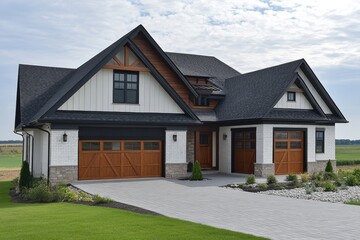 Obraz premium Beautiful modern farmhouse with wooden garage doors and asphalt shingles roof
